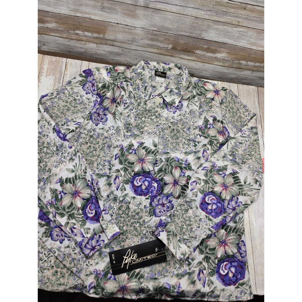 Pyke Limited Vintage Floral‎ Purple Green Metallic Blouse Size 14 NWT 3256
